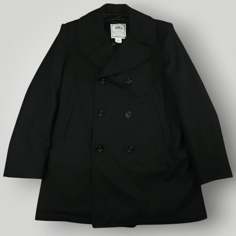 US Navy Mens Peacoat Overcoat 44L Wool DSCP Quarterdeck Double Breasted Black
